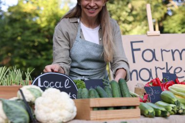 Markette farklı taze sebzelerle tezgahın yanındaki çiftçi, yakın plan.