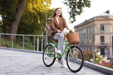 Şehir caddesinde elinde çiçeklerle bisiklet süren bir kadın. Metin için boşluk