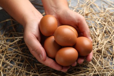 Gri masada çiğ tavuk yumurtası ve saman taşıyan kadın, yakın plan.