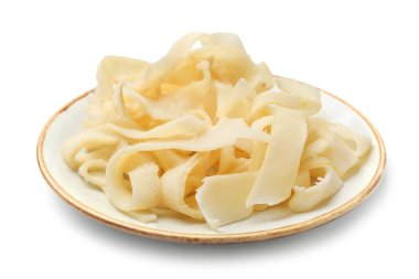 Dried shredded squid isolated on white. Tasty snack
