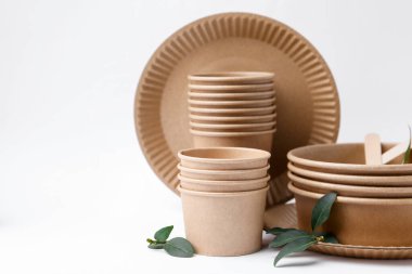 Set of disposable tableware and green leaves on white background, closeup. Space for text