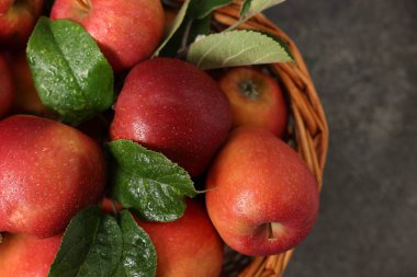 Fresh ripe apples in basket on grey table, top view