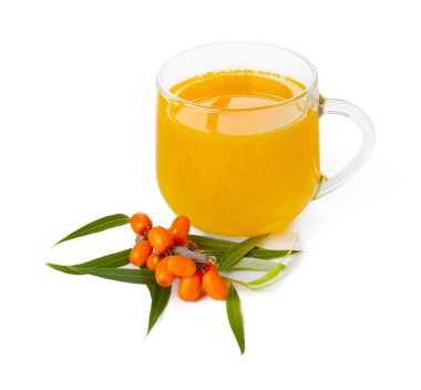 Cup of sea buckthorn tea and fresh berries isolated on white