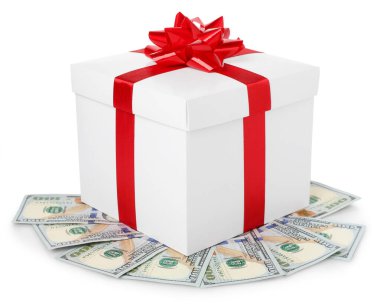 Hediye kutusu beyaz izole Doları banknot ile