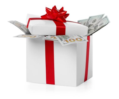 Hediye kutusu beyaz izole Doları banknot ile