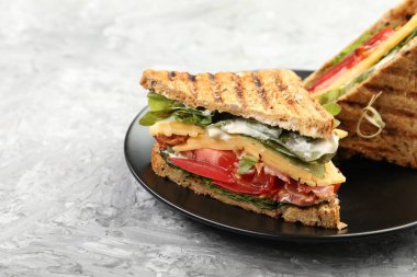 Pastırmalı, peynirli, sebzeli ve soslu lezzetli sandviçler, yakın plan. Metin için boşluk