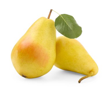 İki olgun sarı armut ve yeşil yaprak beyaza izole edilmiş.