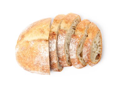 Bir somun taze ekmek, beyaza izole edilmiş, üst manzara.