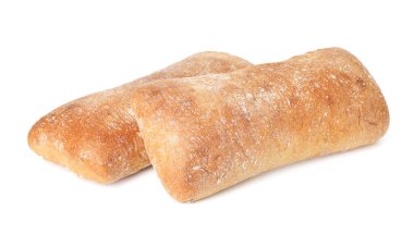 Beyazın üzerine izole edilmiş iki lezzetli ciabata.