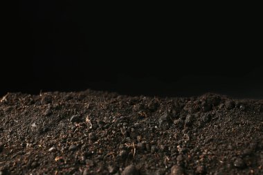 Siyah arka planda taze toprak yığını, yakın plan.