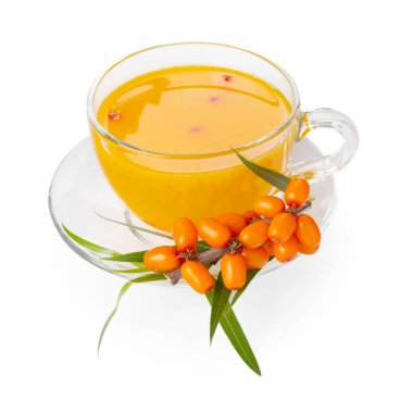 Cup of sea buckthorn tea and fresh berries isolated on white