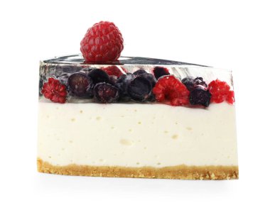 Lezzetli bir parça peynirli kek ve beyaz yaban mersini.