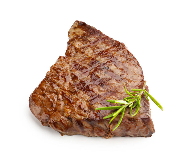 Delicious grilled beef steak with rosemary isolated on white