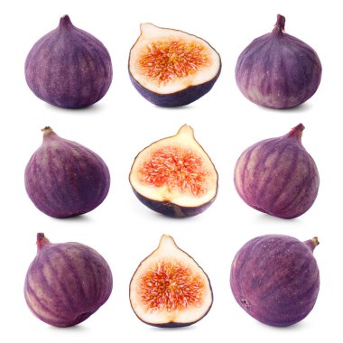 Beyaza izole edilmiş taze incir seti. Tam ve yarım.