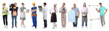 Meslek seçiyorum. Beyaz arka planda farklı mesleklerden insanlar, portre kolajı.