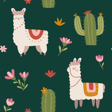 Lama 'lı çiçeksiz desen, vektör illüstrasyonu.