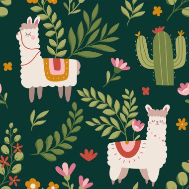 Lama 'lı çiçeksiz desen, vektör illüstrasyonu.