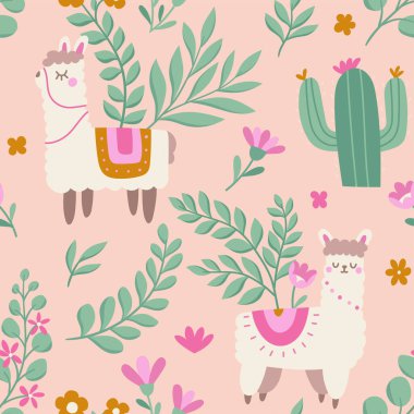 Lama 'lı çiçeksiz desen, vektör illüstrasyonu.