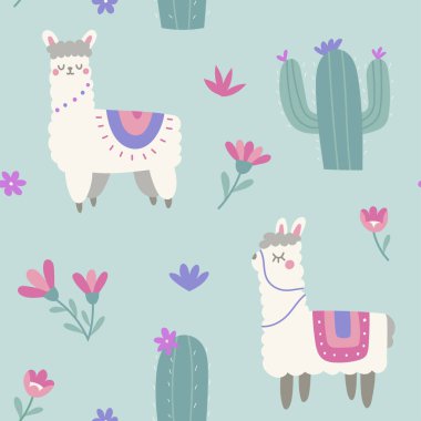 Lama 'lı çiçeksiz desen, vektör illüstrasyonu.
