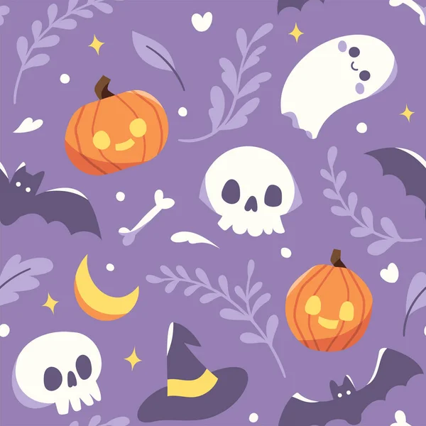 stock vector beautiful floral seamless pattern with Halloween pumpkins and skeletons, vector illustration