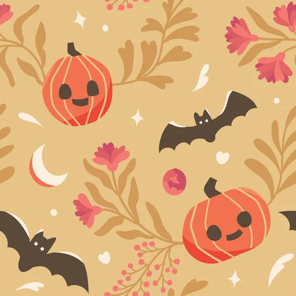 Mooie Bloemen Naadloze Patroon Met Halloween Pompoenen Vector Illustratie — Stockvector
