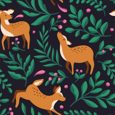 Geyik desenli güzel çiçek deseni, vektör illüstrasyonu