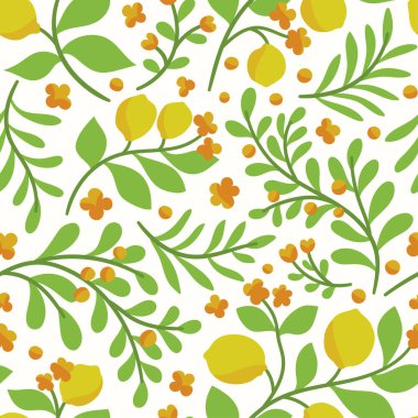 Kusursuz desenli, el çizimi çiçekler ve limon meyveleri. Web illüstrasyonu