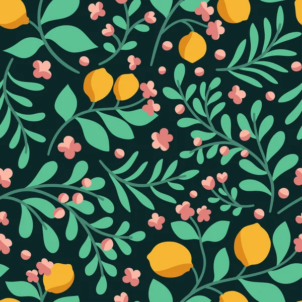 Modello Senza Cuciture Con Fiori Disegnati Mano Frutta Limone Illustrazione — Vettoriale Stock