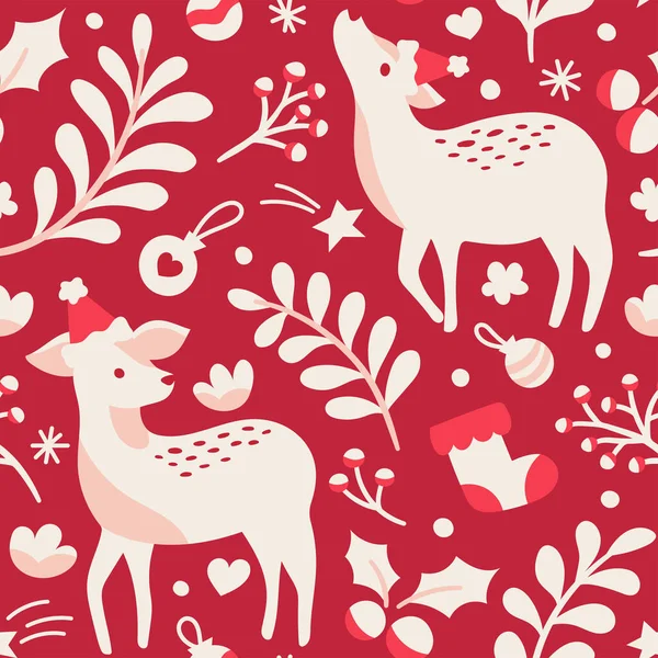 stock vector seamless pattern with cute deers and christmas decorations. web illustration