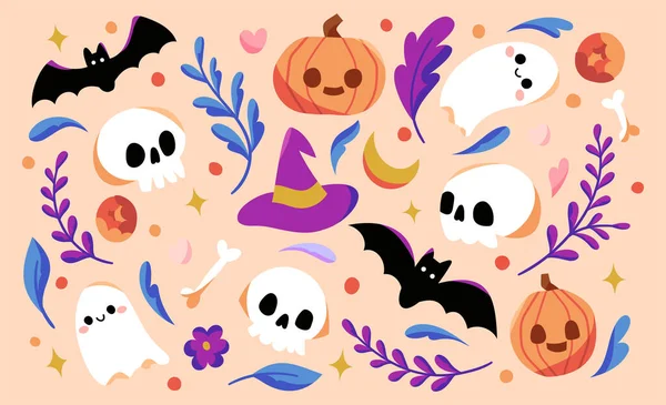 Sfondo Halloween Con Zucche Teschi Pipistrelli Fantasmi — Vettoriale Stock