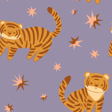 Kaplan elementleri olan hoş, pürüzsüz bir desen. Baskı, kumaş ve tekstil için karikatür çizimleri içeren vektör illüstrasyonu.