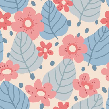 El çizimi çiçek deseni. Kusursuz yaprak vektör arkaplanı. Moda baskısı, kumaş veya duvar kağıdı için zarif renkli şablon.