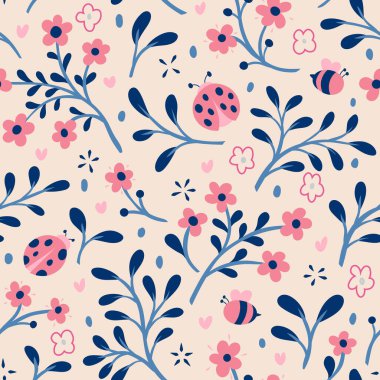 Uğur böceği ve çiçek elementleriyle hoş, pürüzsüz desen. Baskı, kumaş ve tekstil için karikatür çizimleri içeren vektör illüstrasyonu.