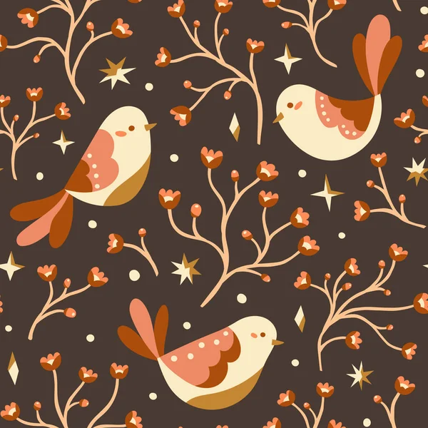 Schattig Vector Naadloos Patroon Met Vogels Bloemen Elementen Cartoon Mooie — Stockvector