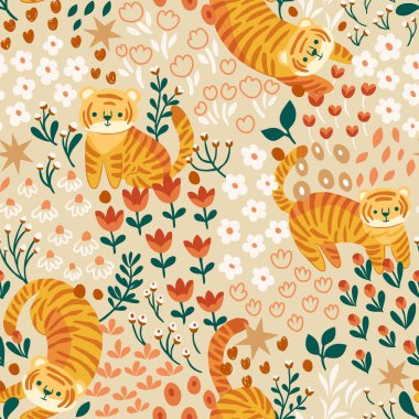 Şirin kaplanlı ve botanik elementli kusursuz vektör deseni. Parmak izi, kumaş ve tekstil için karikatür tarzıyla el çizimi.