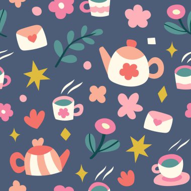 Güzel fincanlar ve çaydanlıkla kusursuz desen. Web illüstrasyonu