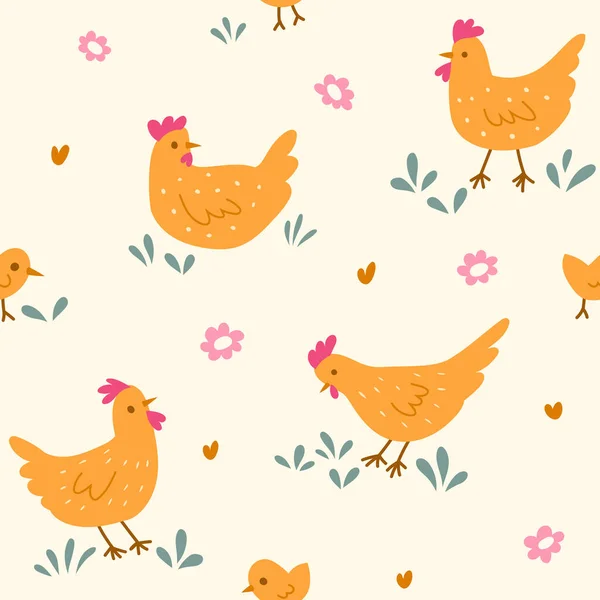 Nahtloses Blumenmuster Mit Niedlichen Hühnern Web Illustration — Stockvektor