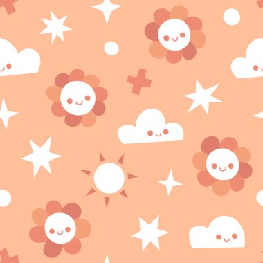 Güneş, bulutlar ve yıldızlarla kusursuz bir desen. Kumaş, tekstil, duvar kâğıdı gibi soyut elementlerle şirin karalama arkaplanı.
