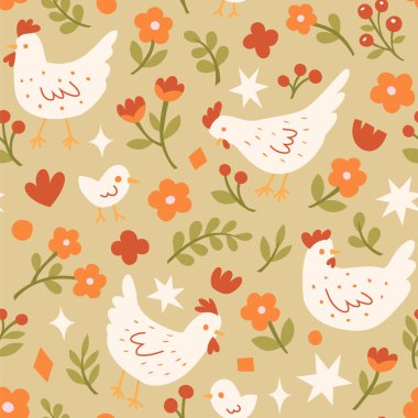 Şirin tavuk ve botanik elementlerle vektör kusursuz desen. Parmak izi, kumaş ve tekstil için karikatür tarzıyla el çizimi.