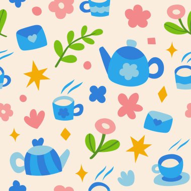 Şirin vektör çay fincanı kusursuz desen. Çiçekli ve soyut elementlerle çizilmiş el yapımı çay fonu..