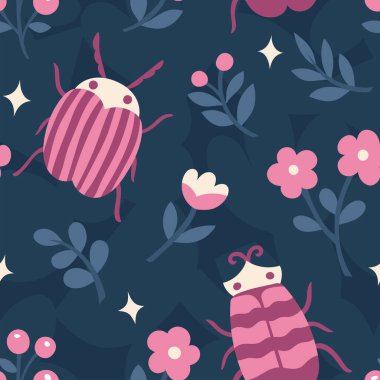 Şirin böcekler, böcekler ve çiçek elementleriyle kusursuz vektör deseni. Doodle botanik yaz arkaplanı.