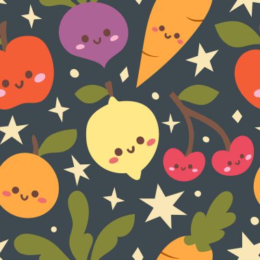 Tarz sahibi meyveler ve sebzeler siyah arka planda kusursuz desenler. Kumaş, yüzey, duvar kağıdı için modern el çizimi baskısı.