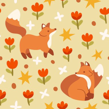 Tilkiler ve çiçek elementleriyle hoş, pürüzsüz bir desen. Baskı, kumaş ve tekstil için karikatür çizimleri içeren vektör illüstrasyonu. 