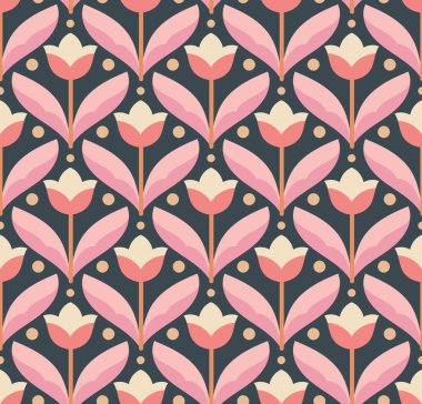 Modern, sevimli, çiçek dekolteli, kusursuz desenler. Yapraklı vektör damasyon. Dekoratif botanik arkaplan.