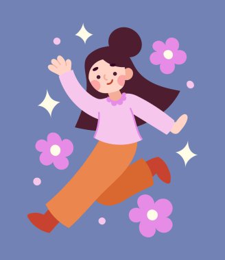 Çiçekli ve yıldızlı sevimli kızın vektör çizimi.