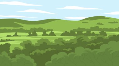 Doğanın yaz manzarası. Yeşil ormanları, tepeleri, tarlaları ve mavi gökyüzü olan bir panorama. Kırsal manzara. Arkaplan için düz vektör çizimi