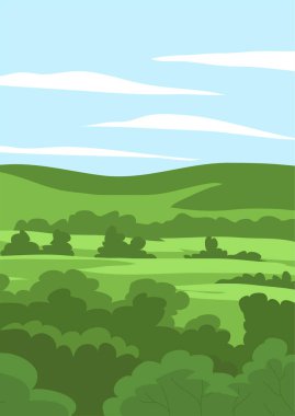 Doğanın yaz manzarası. Yeşil ormanları, tepeleri, tarlaları ve mavi gökyüzü olan bir panorama. Kırsal manzara. Poster, kartpostal, arkaplan için düz vektör çizimi