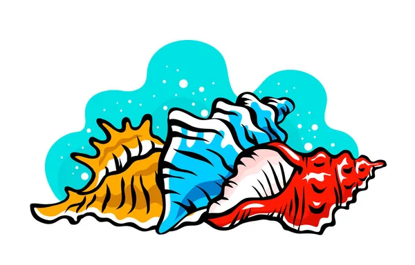 Värikkäitä Simpukoita Etanankuori Merijalkaväen Kieroutunut Simpukka Spiraalimuodossa Merenalainen Nilviäinen Eläimet — vektorikuva