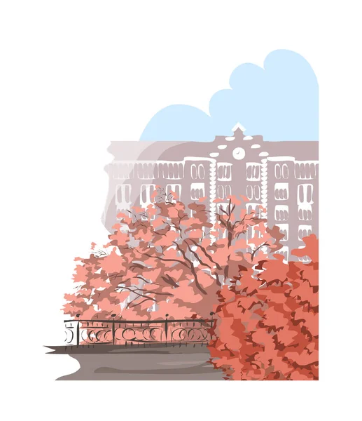 Старый Осенний Город Пейзаж Парком Зданиями Красными Деревьями Векторная Иллюстрация — стоковый вектор