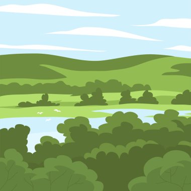 Doğanın yaz manzarası. Yeşil ormanları, nehri, tepesi, tarlaları ve mavi gökyüzü olan bir panorama. Kırsal manzara. Arkaplan için düz vektör çizimi